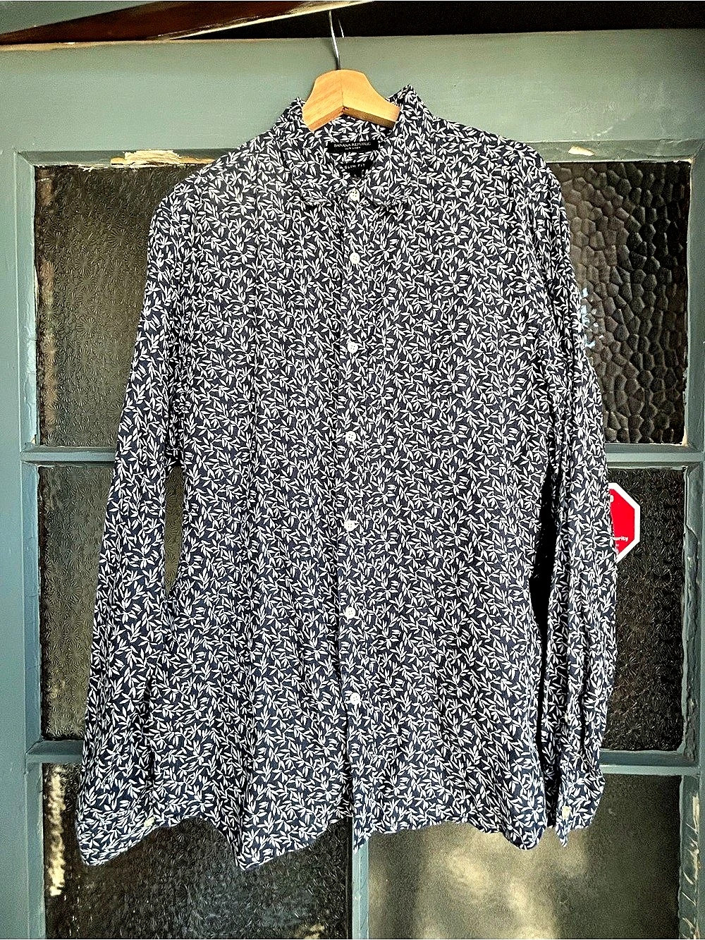 Banana Republic Slim-Fit 100% Linen Leaf Print Shirt Blue & White size Large